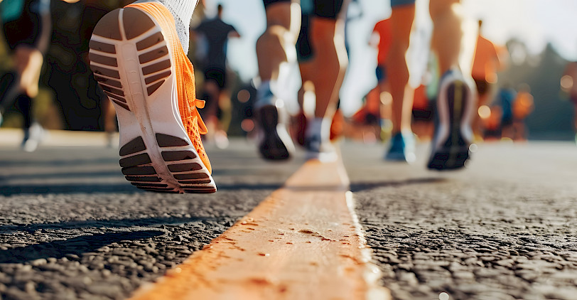 Laufschuhe mehrerer Läufer auf einer Straße aus einem niedrigen Winkel