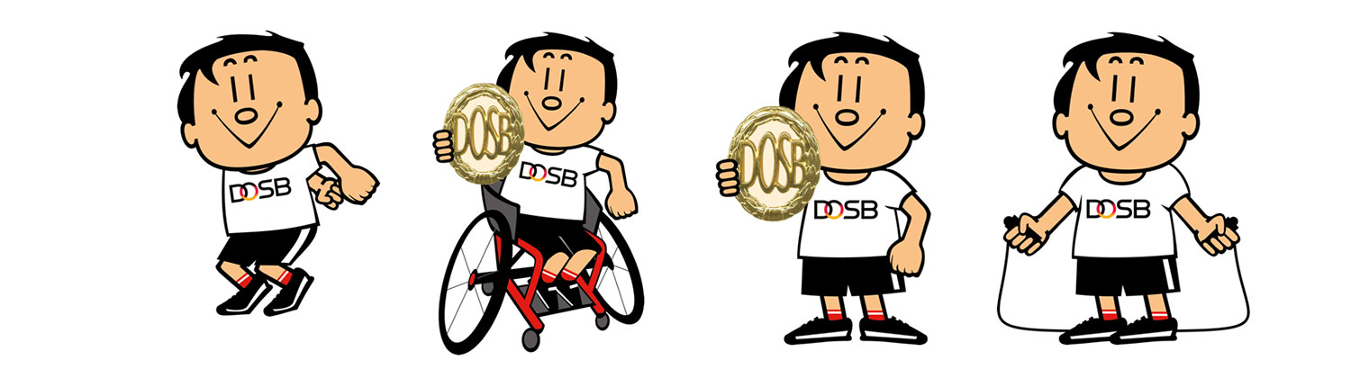 Illustration vier schwarzhaariger Jungen, die verschiedene sportliche Aktivitäten ausführen und das DOSB-Sportabzeichen hochhalten