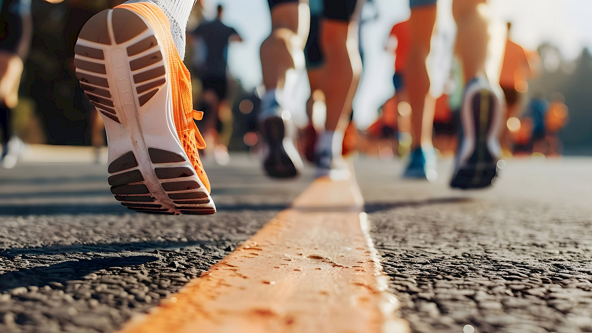 Laufschuhe mehrerer Läufer auf einer Straße aus einem niedrigen Winkel