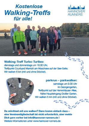 Ein Flyer über die Walking-Treffs mit einem Bild einiger Teilnehmer. Der gesamte Flyer lässt sich über den Link im Text einsehen.